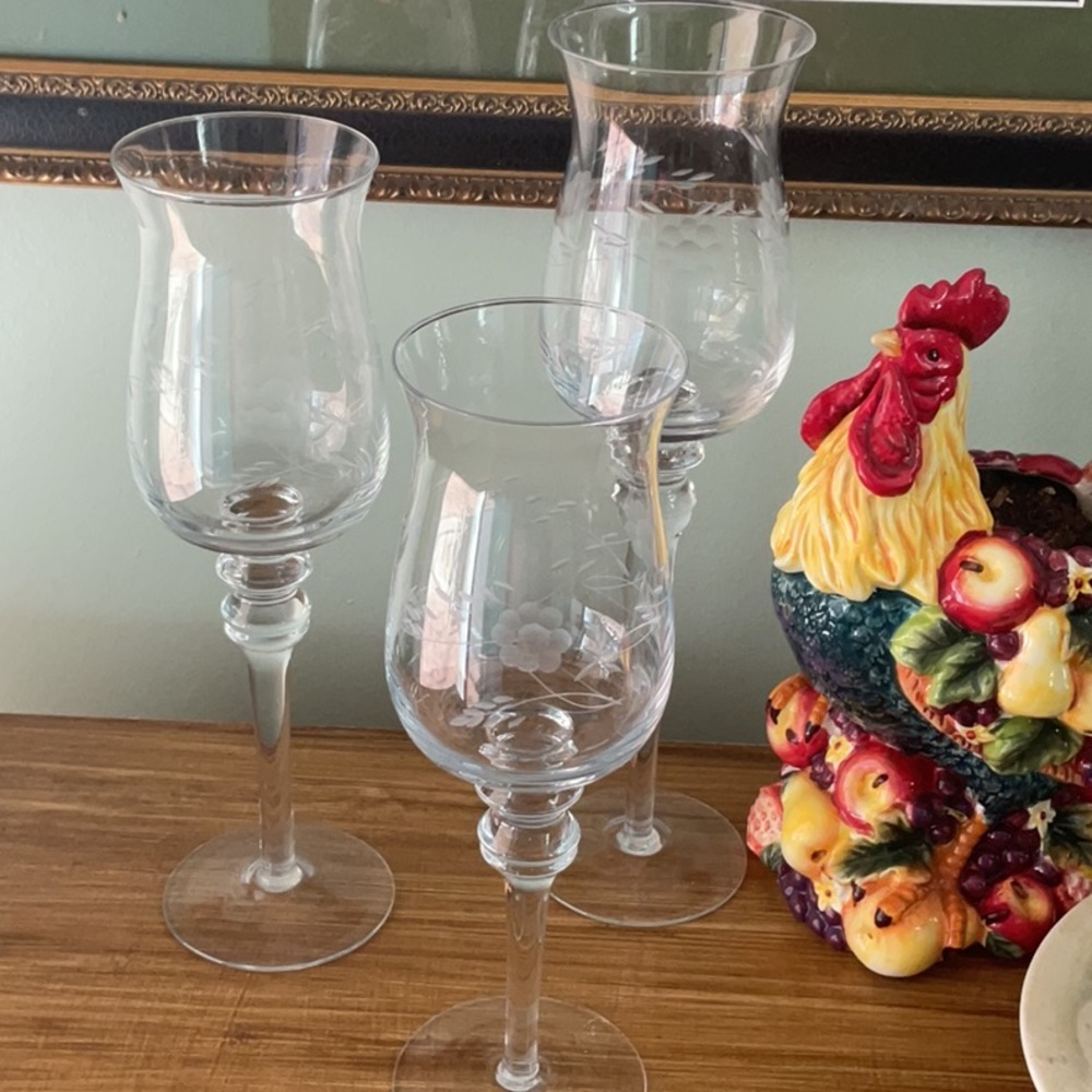 3 hurricane goblets etched glass. 1990’s